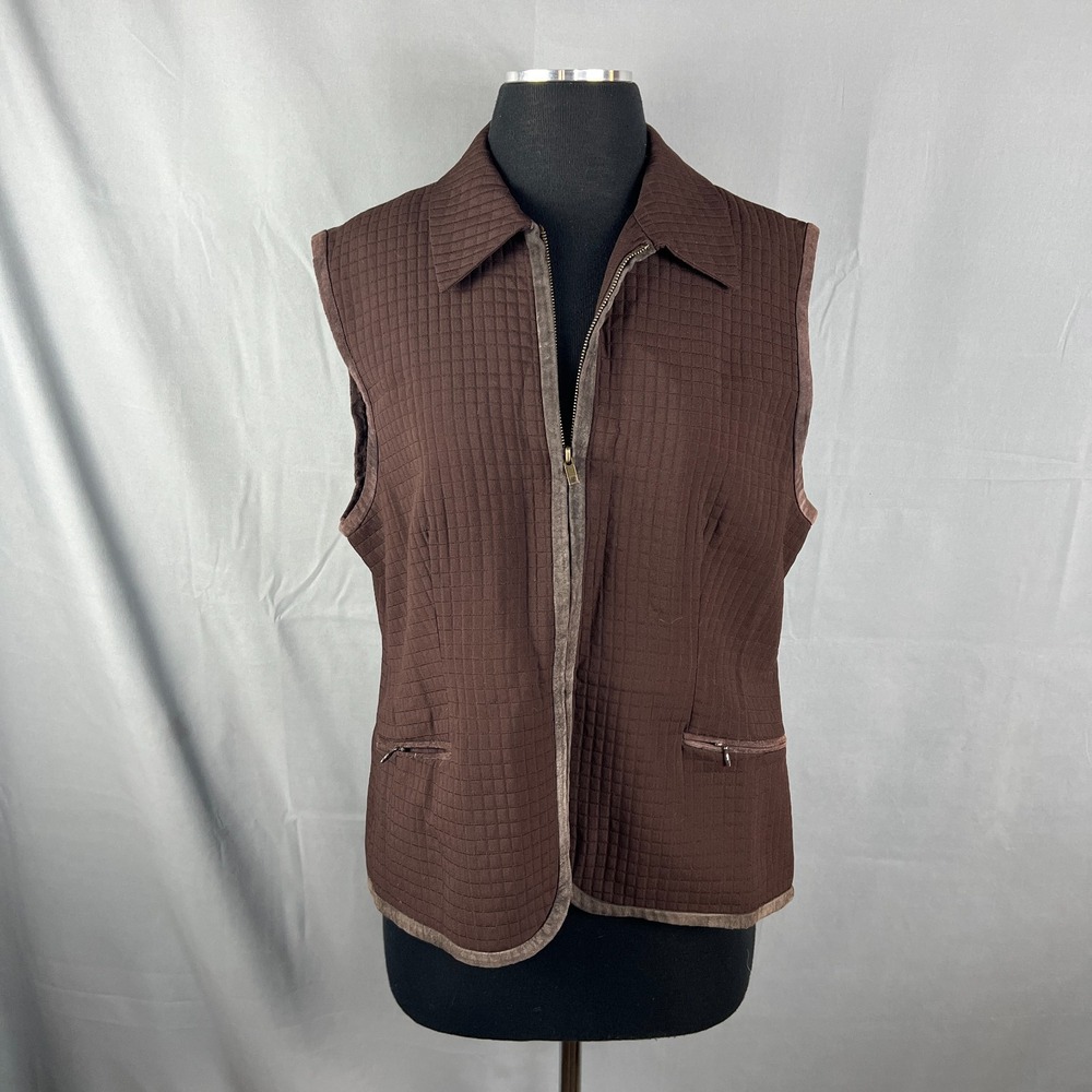 Bob Mackie Studio Quilted Vest Womens 12 Brown Zipper Pockets Collared Full Zip